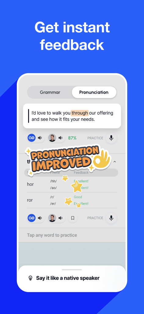 Interfaccia dell'app Loora AI che mostra feedback istantaneo sulla pronuncia inglese per conversazioni professionali
