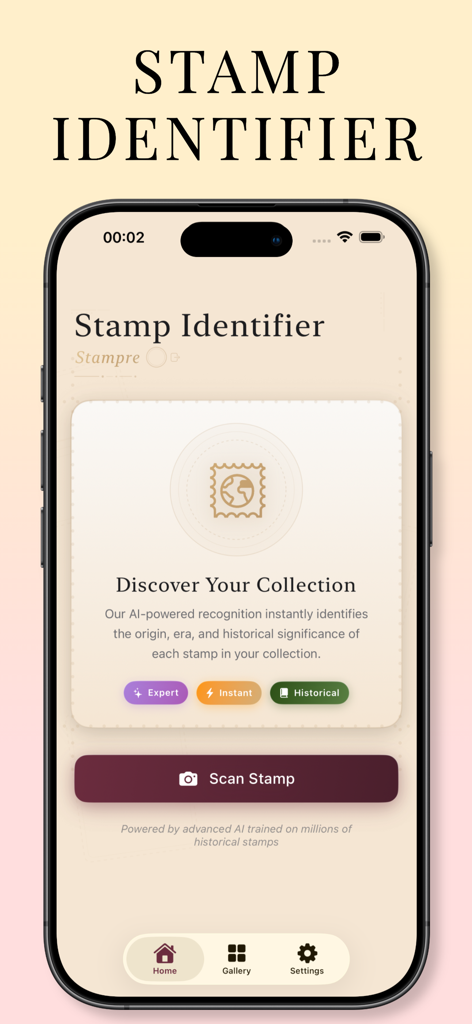 Stamp Identifier: Stampre - Écran d'accueil de l'application Stamp Identifier Stampre avec le bouton de scan de timbre et les fonctionnalités de découverte de collection par IA