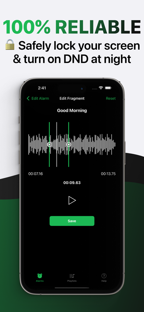 Reliable Spotify alarm app interface showing music fragment selection tool
