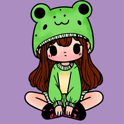 a girl wearing a frog hat and some frog socks
