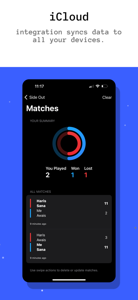 Side Out - Pickleball - Side Out Pickleball app match summary screen displaying win loss statistics and detailed game history