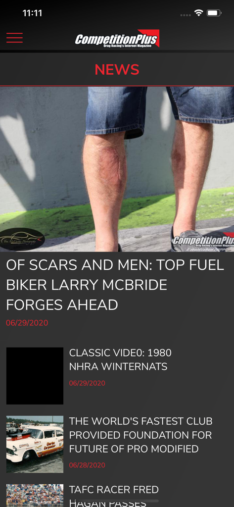 The news feed of the Competition Plus app showing headlines about drag racing