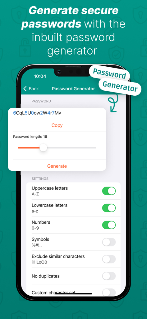 Password Safe and Managerアプリのパスワードジェネレーターインターフェース