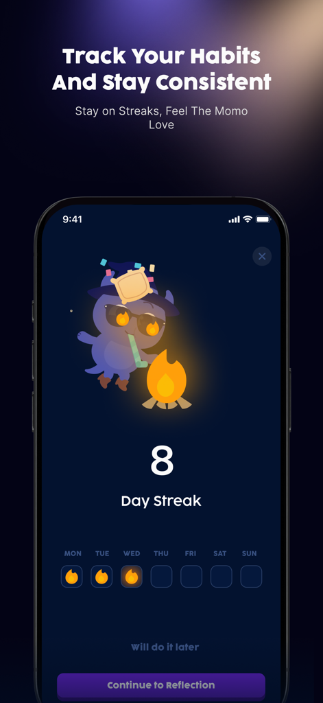 Self-Care Pet: Momo - Habit tracking interface in the Momo app showing an 8 day streak and a cute purple character by a campfire.