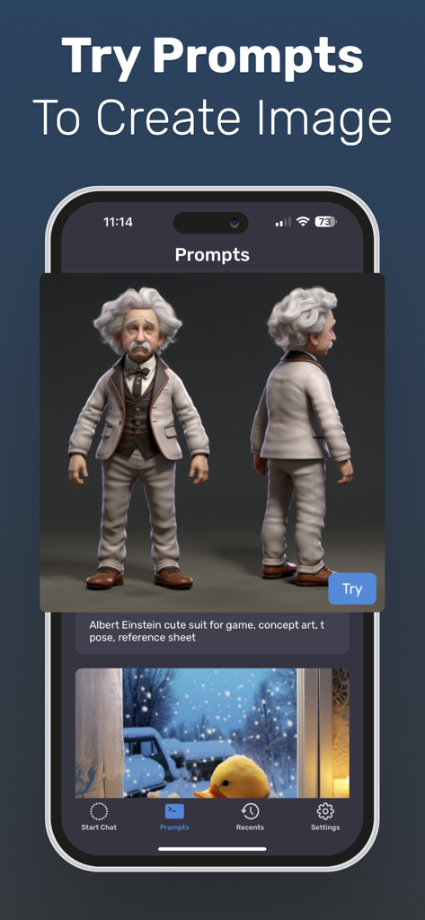 MiM Studio app interface displaying AI image generation prompts and a 3D character model of Albert Einstein.