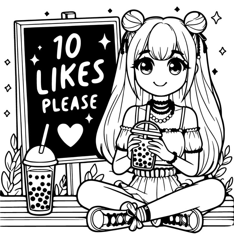 a girl with boba in her hands and is sitting next to a sine that says 10 likes please