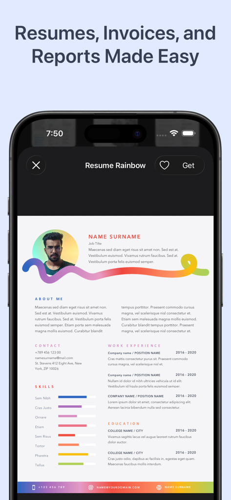 Toolbox for Microsoft Word - Mobile app interface showing a colorful Resume Rainbow template for Microsoft Word
