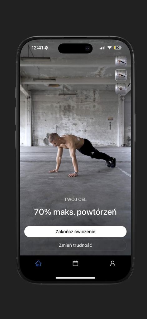 Caliathletics - Interfaz de la aplicación Cali athletics que muestra un entrenamiento de peso corporal con ajuste inteligente de repeticiones