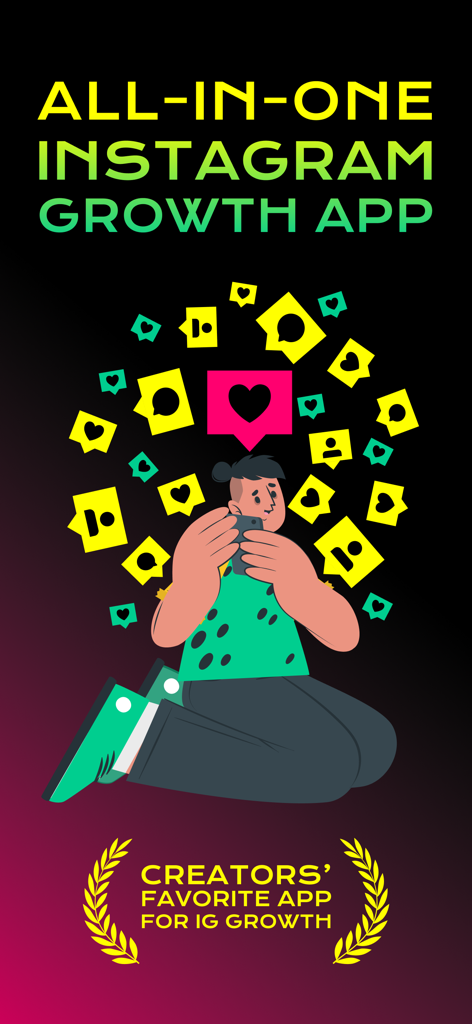 Likes for Instagram: iBooster - iBoosterをオールインワンのInstagram成長アプリとして宣伝するテキストと、ソーシャルメディアエンゲージメントアイコンに囲まれたクリエイターのイラスト