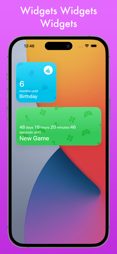Neat Countdowns - Widgets personalizados de la pantalla de inicio de iOS que muestran cuentas regresivas para un cumpleaños y un nuevo juego.
