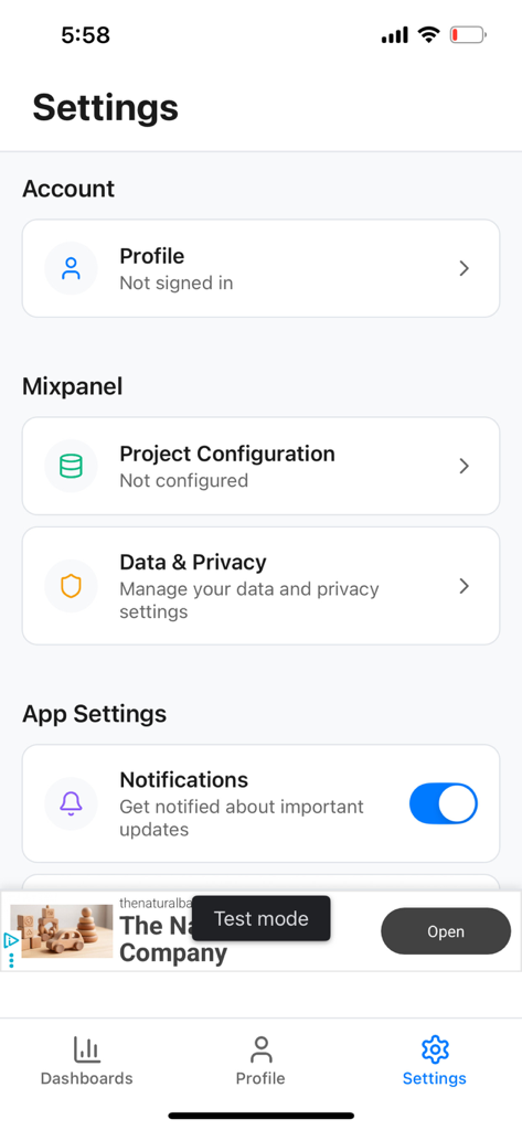 Mixpanel Mobile Analytics - Settings menu of the Mixpanel mobile analytics app showing options for profile project configuration and notifications