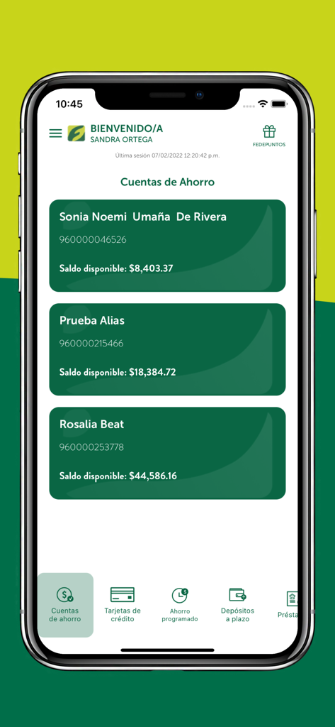 FEDE MÓVIL - Interfaz móvil de la aplicación FEDE MÓVIL que muestra las cuentas de ahorro y los saldos disponibles en dólares estadounidenses.