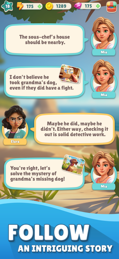 Cozy Coast: Merge Adventure - Character dialogue bubbles showing the mystery story in Cozy Coast