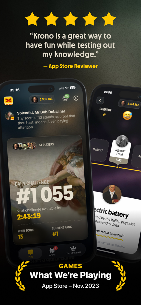 History Trivia Game: Krono - Mobile app screens showing Krono history trivia gameplay with daily challenges and chronological timeline puzzles