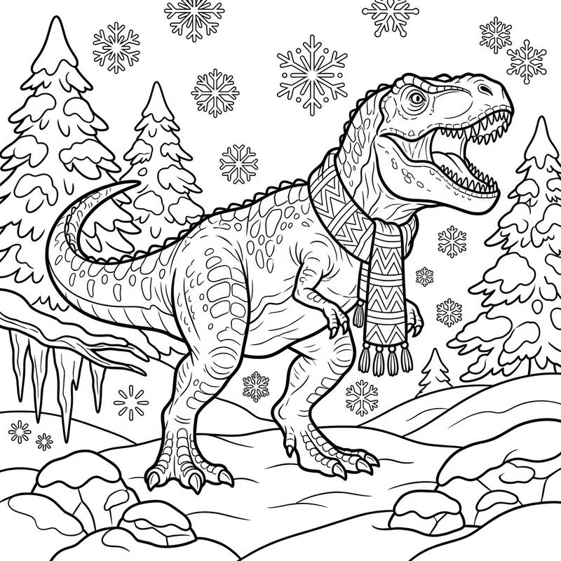Embark on a prehistoric adventure with this unique Tyrannosaurus Rex coloring page, featuring the fearsome dinosaur enjoying a snowy winter landscape. Get ready to bring this cozy yet powerful scene to life with your favorite colors.