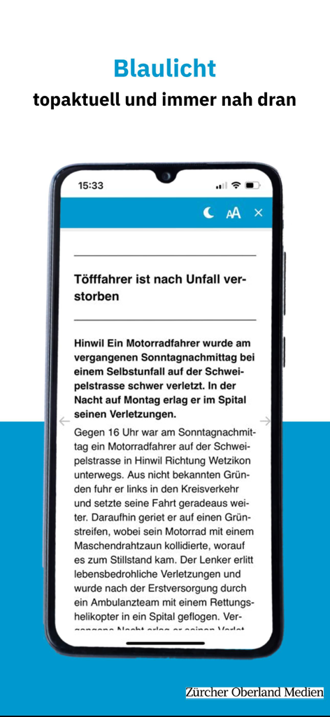 ZO E-Paper - Aplicativo ZO E-Paper exibindo um artigo de notícia local em modo de leitura em um smartphone
