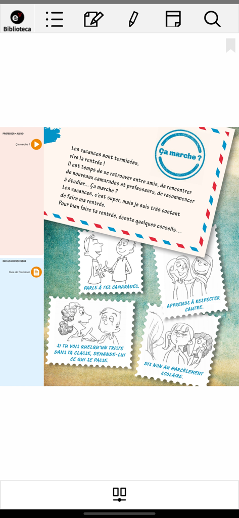 Capture d'écran d'une leçon interactive de français dans le manuel numérique EV Smart Book montrant des illustrations et du texte éducatif.