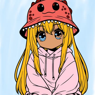 girl with anime shaped eyes with a dinosaur bucket hat oversized sweatshirt long straight hair