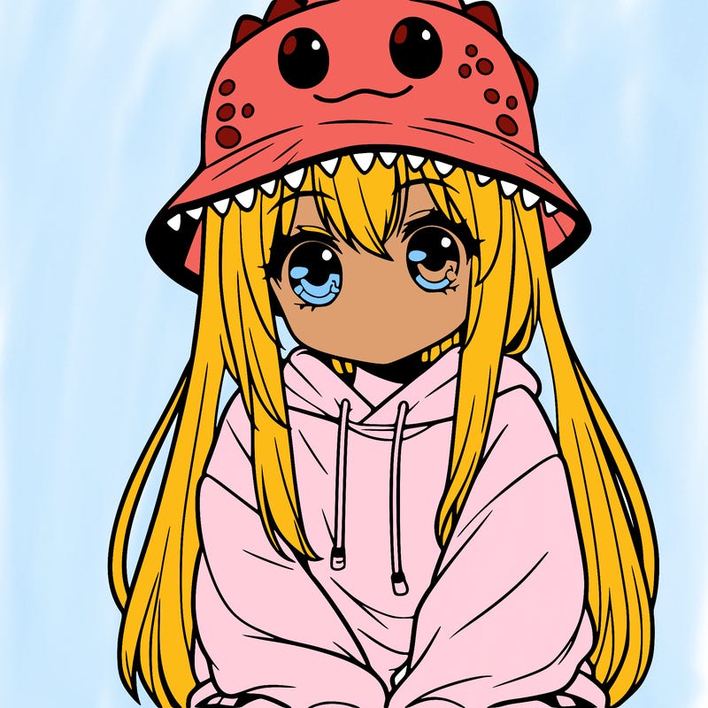 girl with anime shaped eyes with a dinosaur bucket hat oversized sweatshirt long straight hair