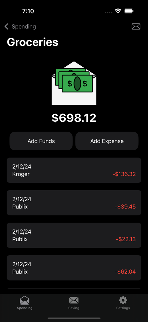 Mobile app screen showing a groceries envelope with budget balance and a list of manual transactions from Kroger and Publix.