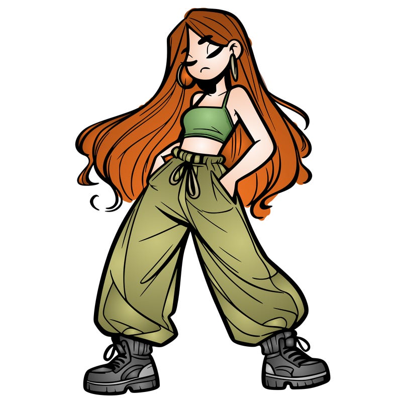 girl in baggy pants crop top and long hair