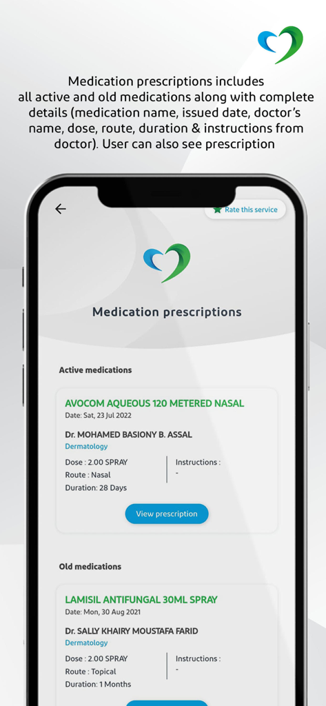 Saudi German Health - Saudi German Health app interface displaying active and old medication prescriptions with dosage and doctor details.