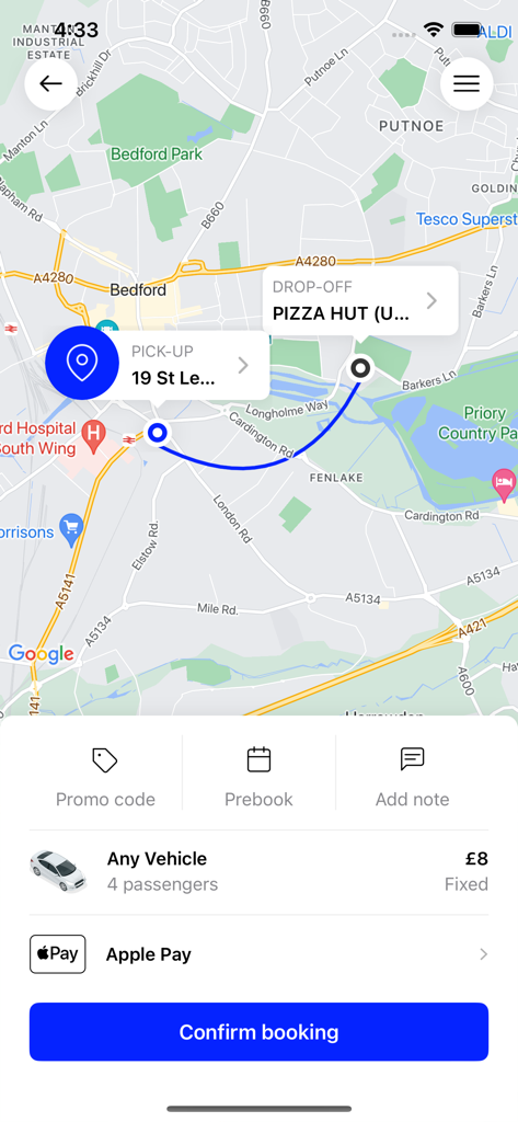 Anglia Cars Bedford - Mobile app screen for Anglia Cars Bedford showing a taxi route map and booking options for eight pounds