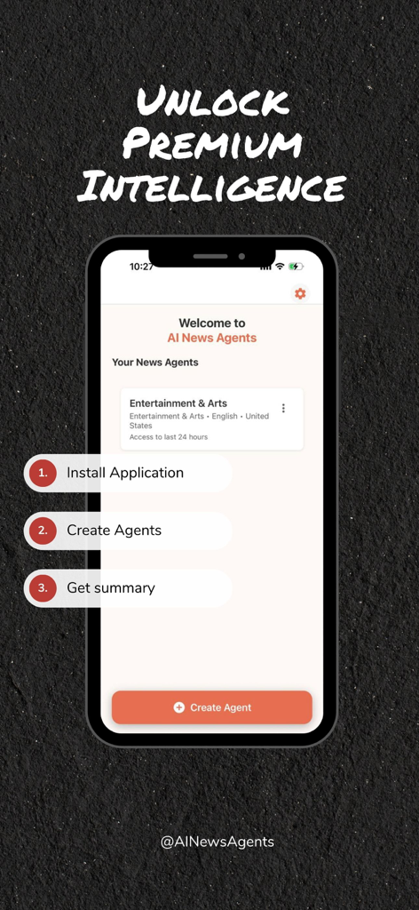 AI News Agents - Une interface d'application mobile pour AI News Agents montrant un écran d'accueil avec un guide en trois étapes pour créer des agents d'actualités personnalisés et obtenir des résumés.