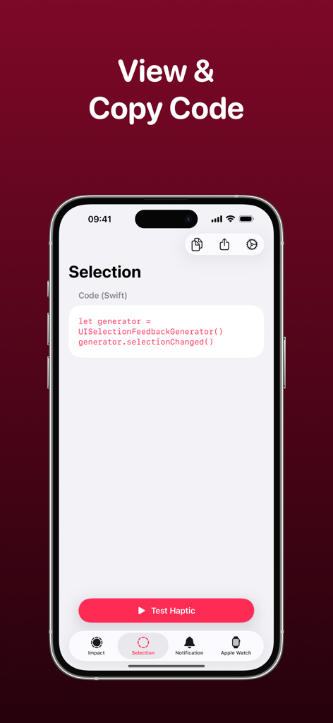 A screenshot of the Haptics app showing the view and copy Swift code feature for iOS developers.
