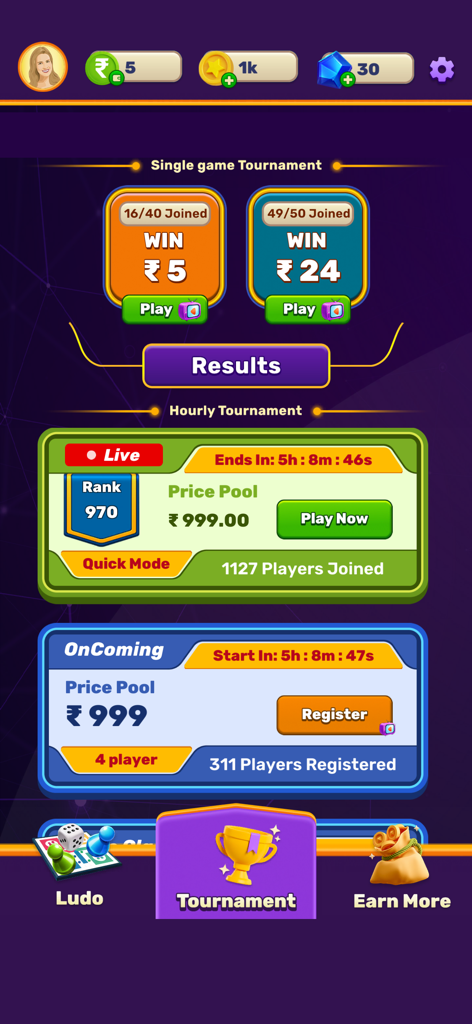 Ludo Cash - Tournament selection screen in the Ludo Cash app showing multiple live and upcoming cash prize contests.