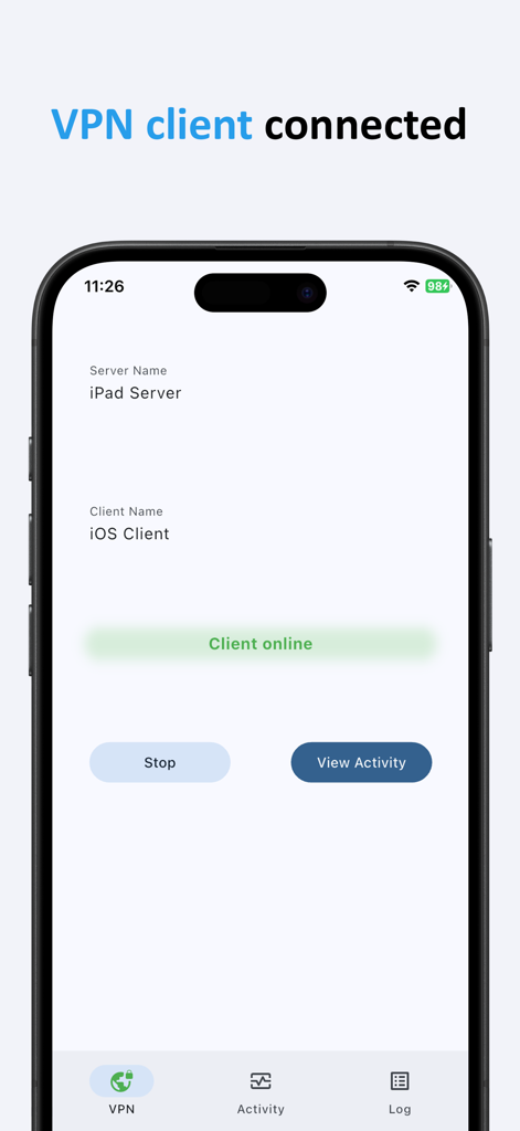 qrvpn 앱 인터페이스가 iPad 서버에 연결된 VPN 클라이언트를 보여줍니다