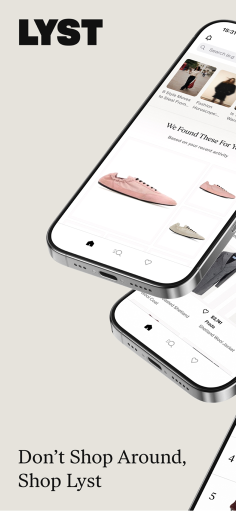 Lyst app interface on iPhone showing personalized fashion recommendations and luxury clothing.