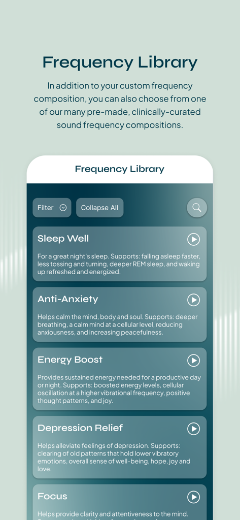 Soaak - Soaak app frequency library interface showing sound therapy categories like Sleep Well and Anti-Anxiety