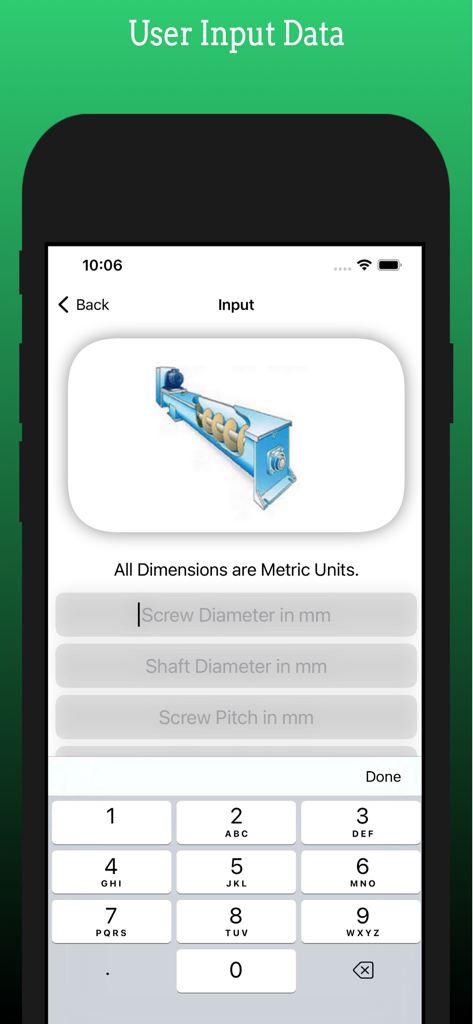 User interface for entering screw conveyor dimensions in metric units