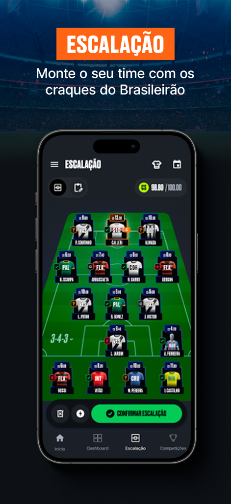 A screenshot of the Cartola app showing the lineup selection screen with a soccer team in a 3-4-3 formation
