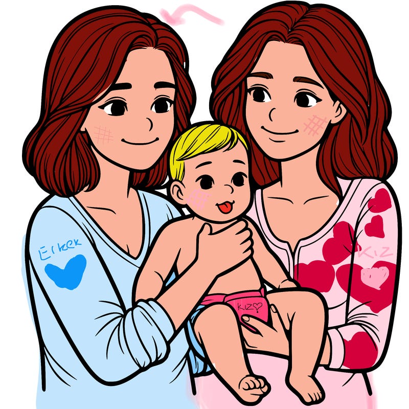 two realistic women holding one baby together