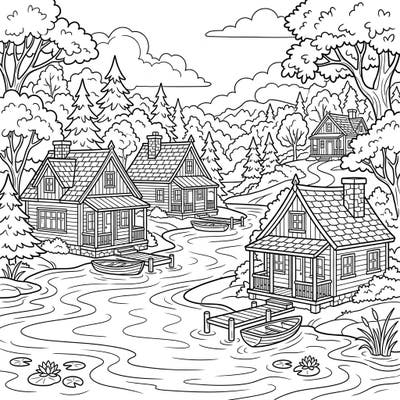Unwind by the water with this delightful coloring page featuring picturesque lake cottages nestled among lush trees. Discover a serene landscape complete with gentle ripples and quaint boats, perfect for a relaxing creative escape.