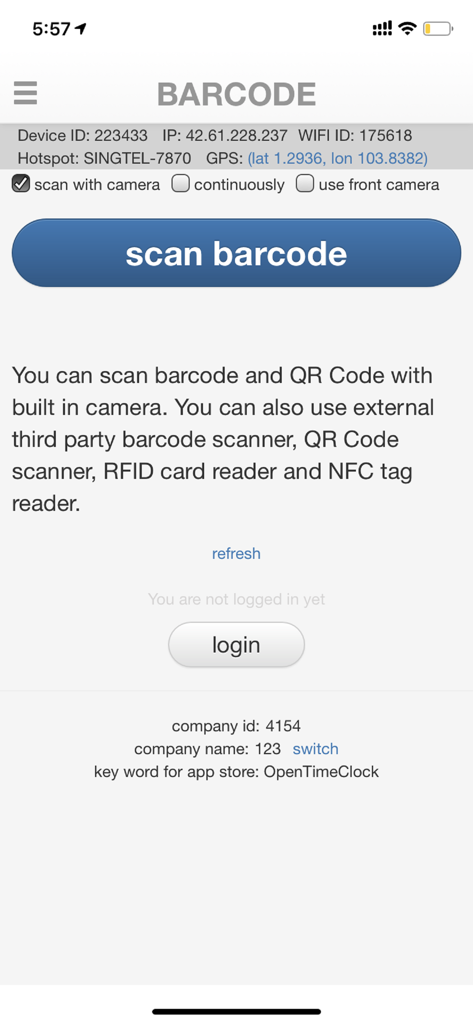 OpenTimeClock - OpenTimeClock barcode scanner interface for employee clock in