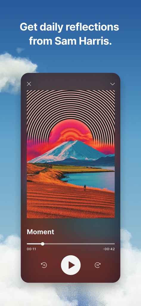 Interface mobile de l'application Waking Up montrant un lecteur audio pour un Moment de réflexion quotidien avec une illustration de paysage surréaliste.