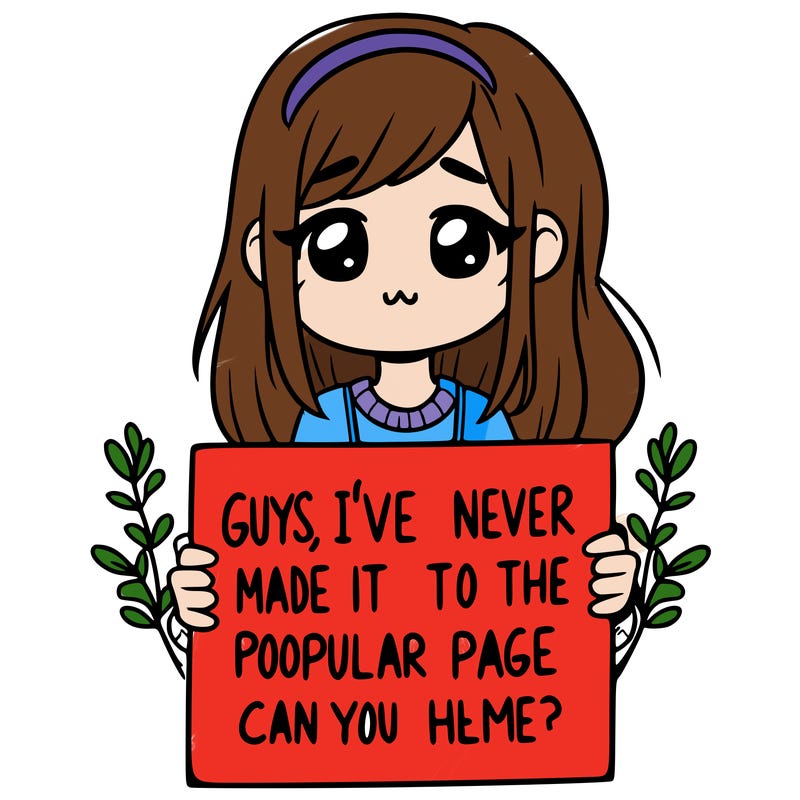 a girl holding up a sign that says, guys, i’ve never made it to the popular page, can you help me?