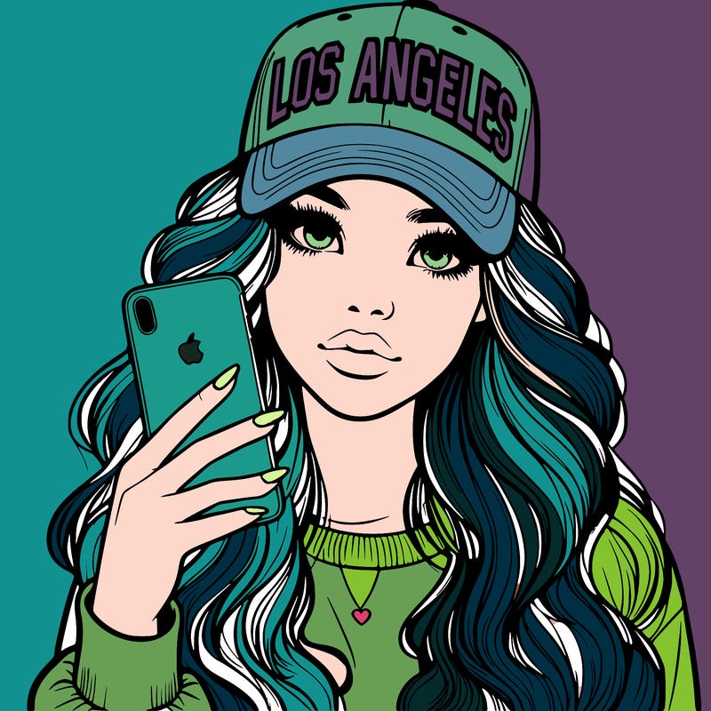 realistic beautiful girl wearing los ángeles cap holding an iphone