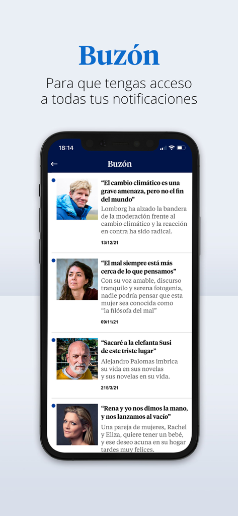 La Vanguardia - La bandeja de entrada de notificaciones de la aplicación La Vanguardia que muestra una lista de artículos de noticias y entrevistas.