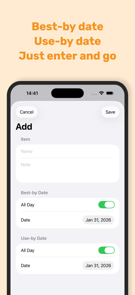 FreshExpire - A screenshot of the FreshExpire app interface for adding a new food item with best-by and use-by dates.