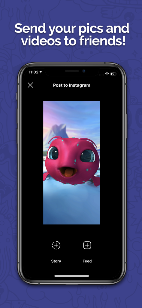 Interfaz que muestra las opciones de la aplicación Animaze para publicar un video de avatar rosa en una historia o feed de Instagram.