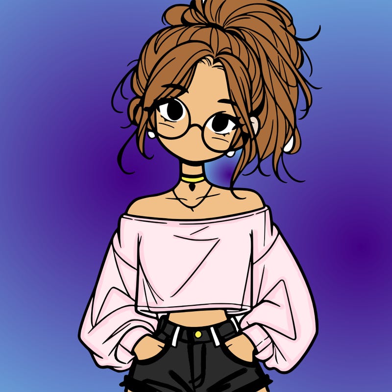 girl with a messy ponytail glasses a baggy crop top and jean shorts