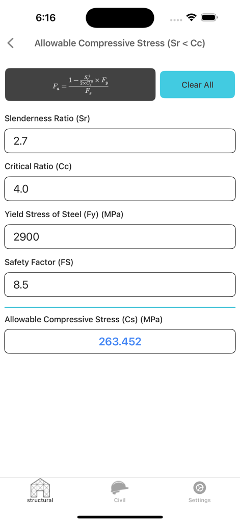 Structural Engineering lite - Interface of the Structural Engineering lite app showing an Allowable Compressive Stress calculator with input fields for Slenderness Ratio and Yield Stress