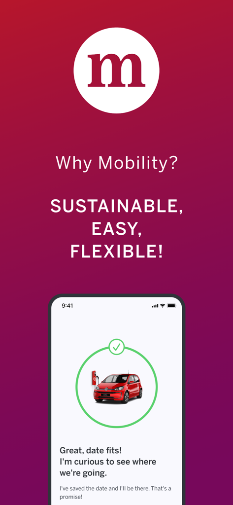 Mobility Carsharing app promotion featuring an electric car and the words sustainable easy and flexible