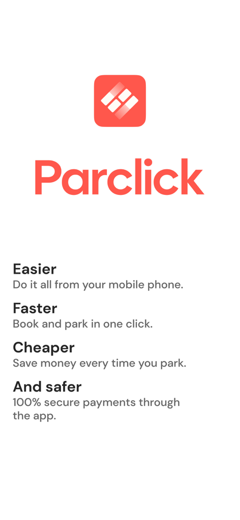 Parclick app logo and screen describing easier faster cheaper and safer parking booking features