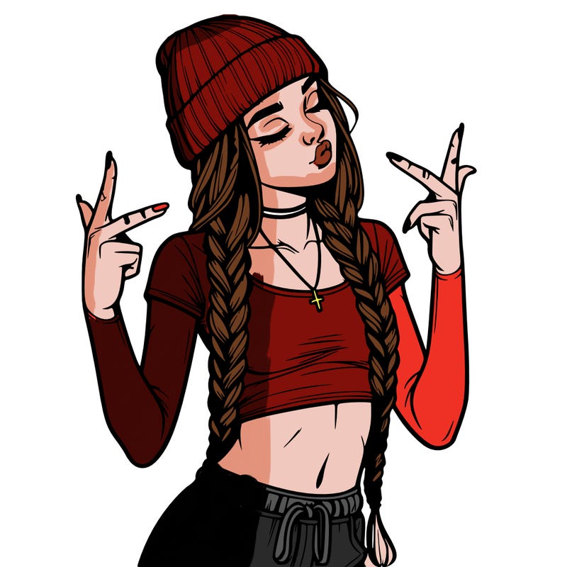 realistic teenage girl with braids and a beanie and crop top doing 🫶🏼