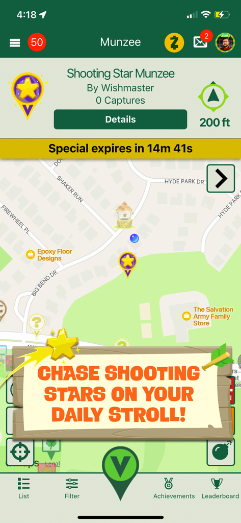 Munzee - In-app map view of Munzee showing a Shooting Star marker and a call to action for a daily stroll.